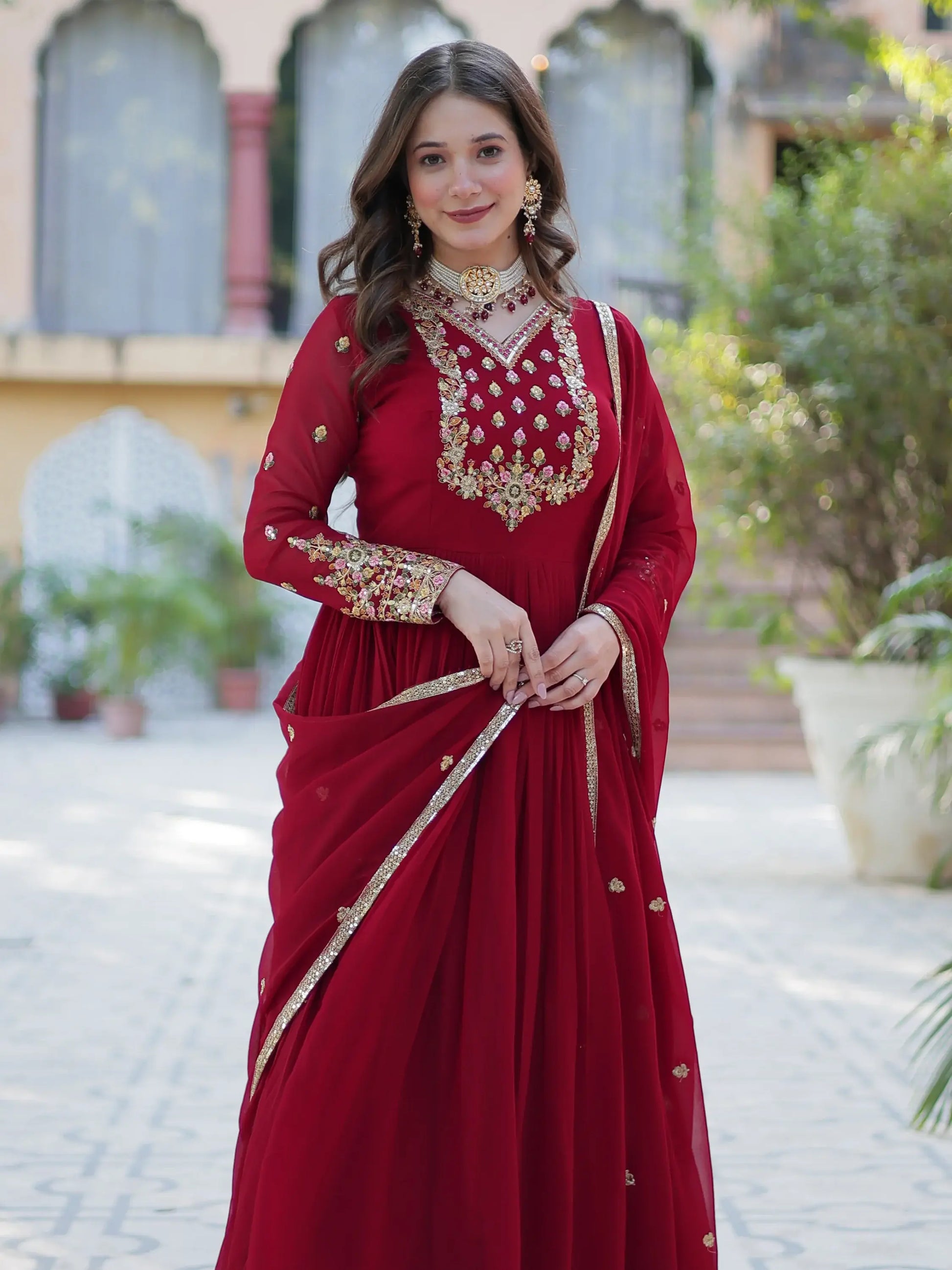 Adorable Maroon Floral Embroidered Georgette Eid Special Gown With Dupatta - Zeel Clothing