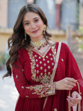 Adorable Maroon Floral Embroidered Georgette Eid Special Gown With Dupatta - Zeel Clothing