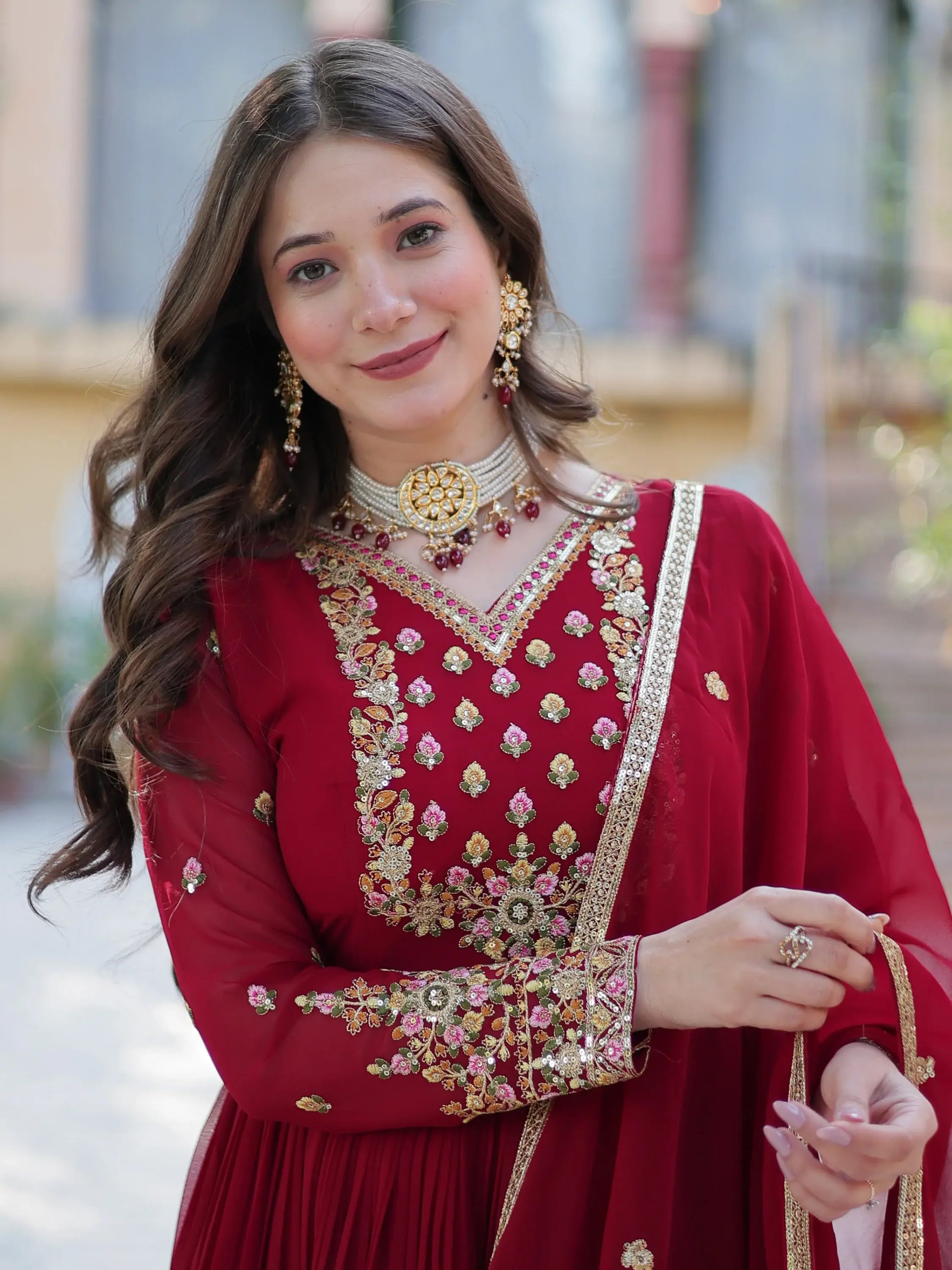 Adorable Maroon Floral Embroidered Georgette Eid Special Gown With Dupatta - Zeel Clothing
