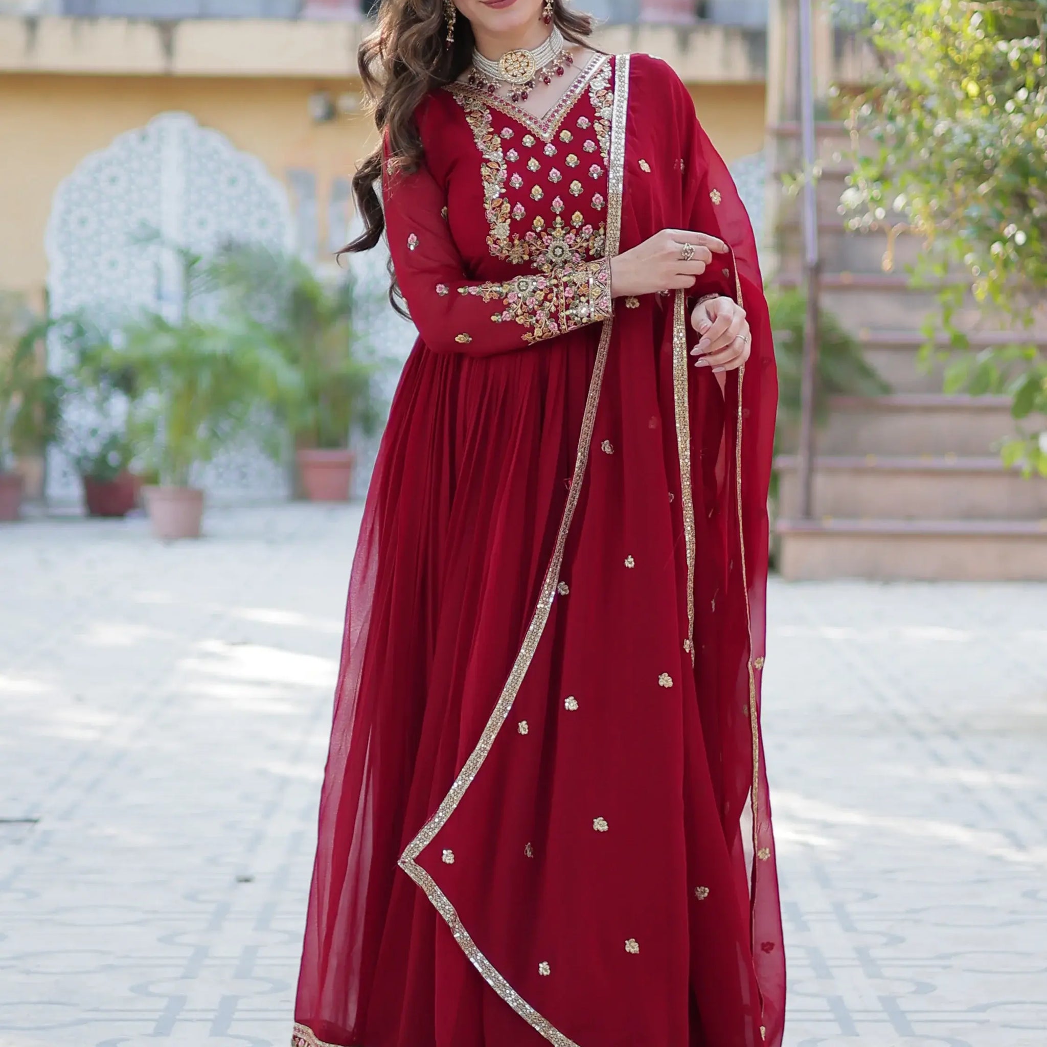 Adorable Maroon Floral Embroidered Georgette Eid Special Gown With Dupatta - Zeel Clothing