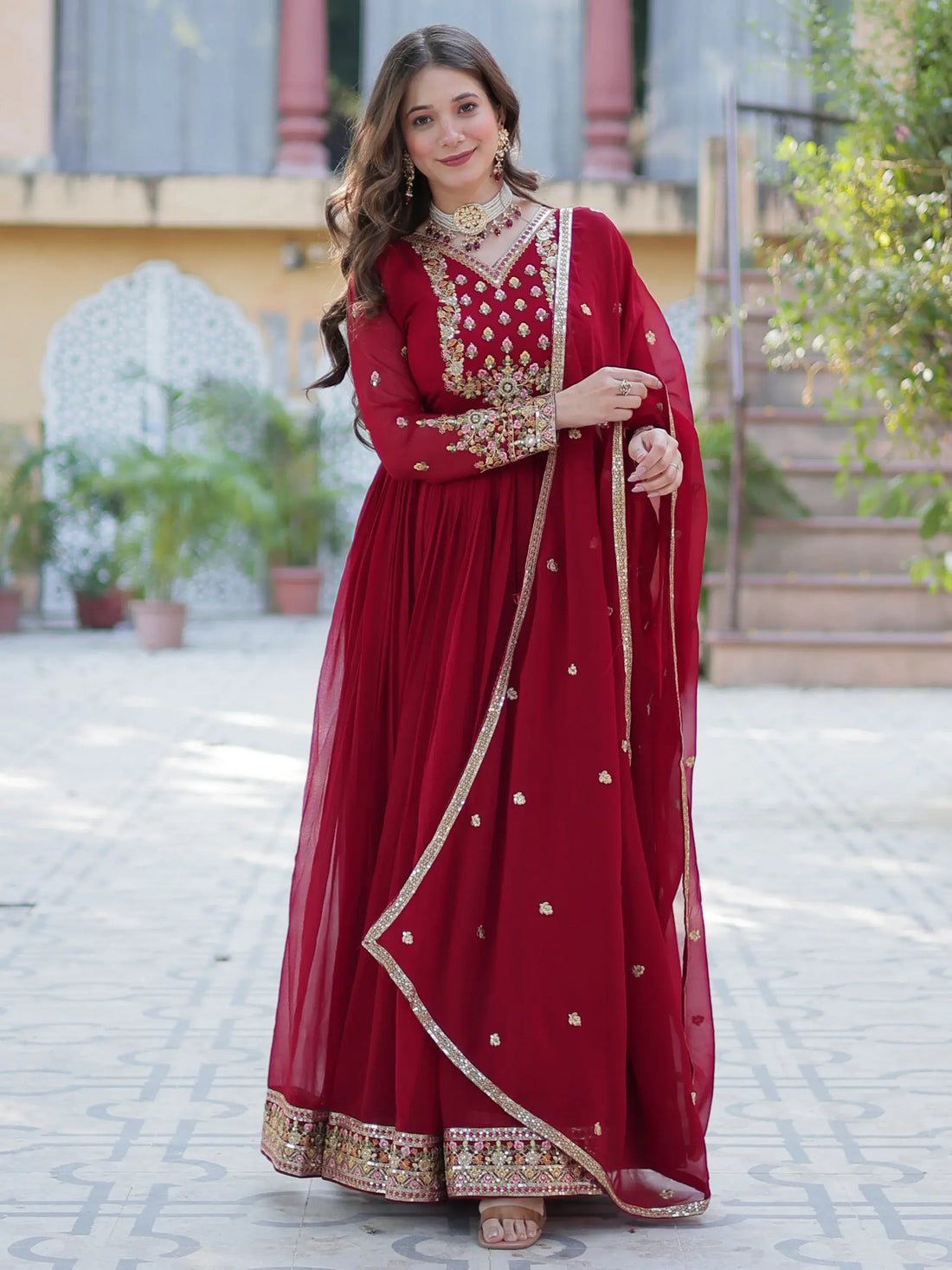 Adorable Maroon Floral Embroidered Georgette Eid Special Gown With Dupatta - Zeel Clothing