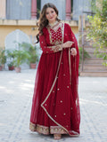 Adorable Maroon Floral Embroidered Georgette Eid Special Gown With Dupatta - Zeel Clothing