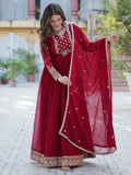 Adorable Maroon Floral Embroidered Georgette Eid Special Gown With Dupatta - Zeel Clothing