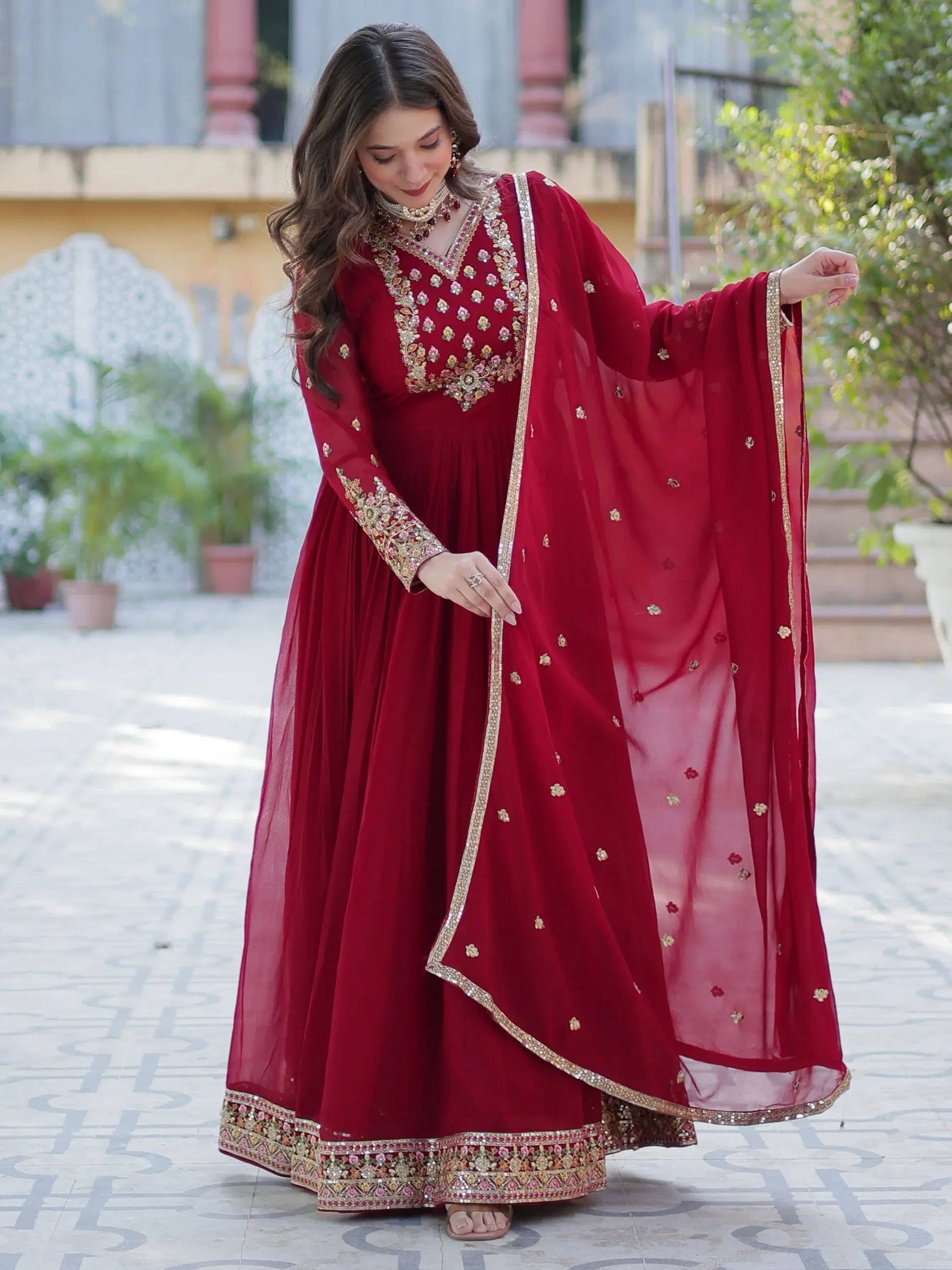 Adorable Maroon Floral Embroidered Georgette Eid Special Gown With Dupatta - Zeel Clothing