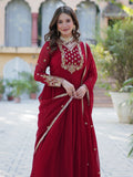 Adorable Maroon Floral Embroidered Georgette Eid Special Gown With Dupatta - Zeel Clothing