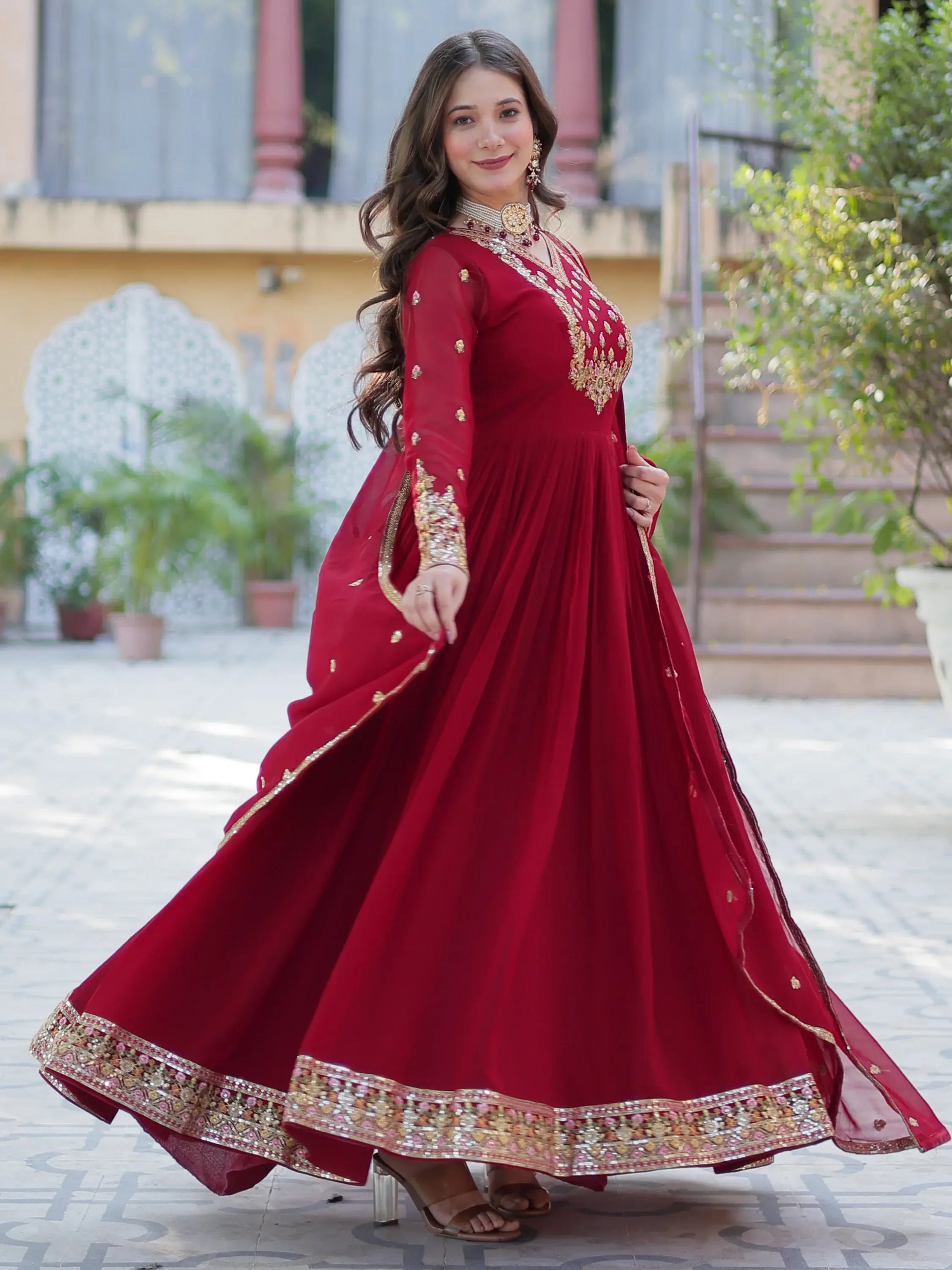 Adorable Maroon Floral Embroidered Georgette Eid Special Gown With Dupatta - Zeel Clothing