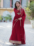 Adorable Maroon Floral Embroidered Georgette Eid Special Gown With Dupatta - Zeel Clothing