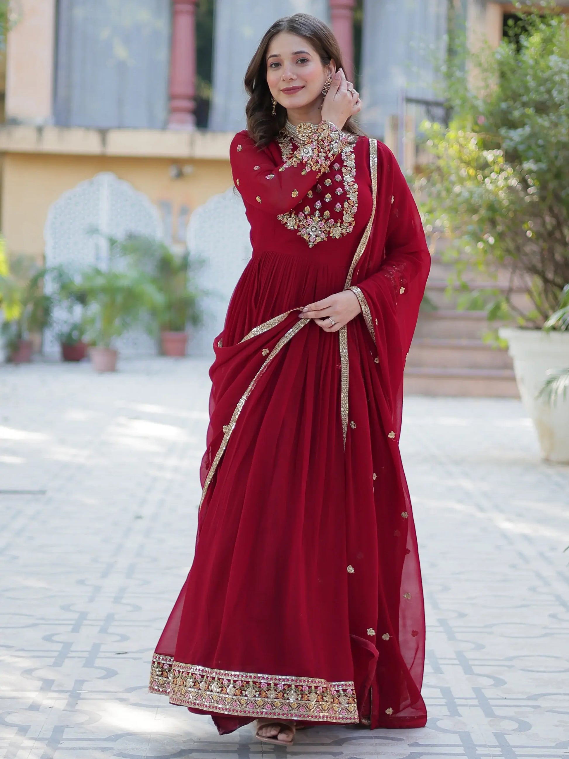 Adorable Maroon Floral Embroidered Georgette Eid Special Gown With Dupatta - Zeel Clothing