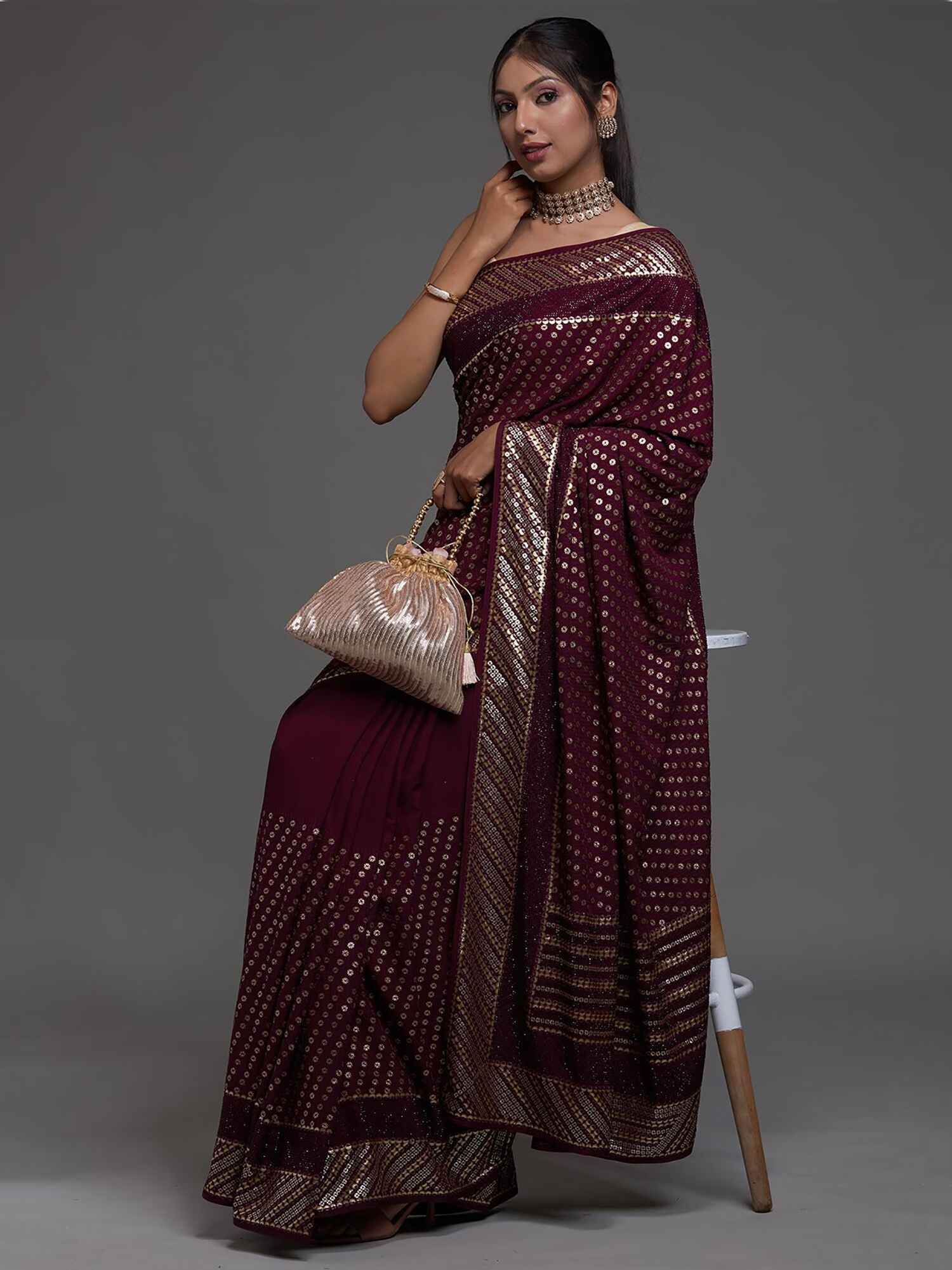 Adorable Maroon Sequins Georgette Cocktail Party Wear Saree - Zeel Clothing