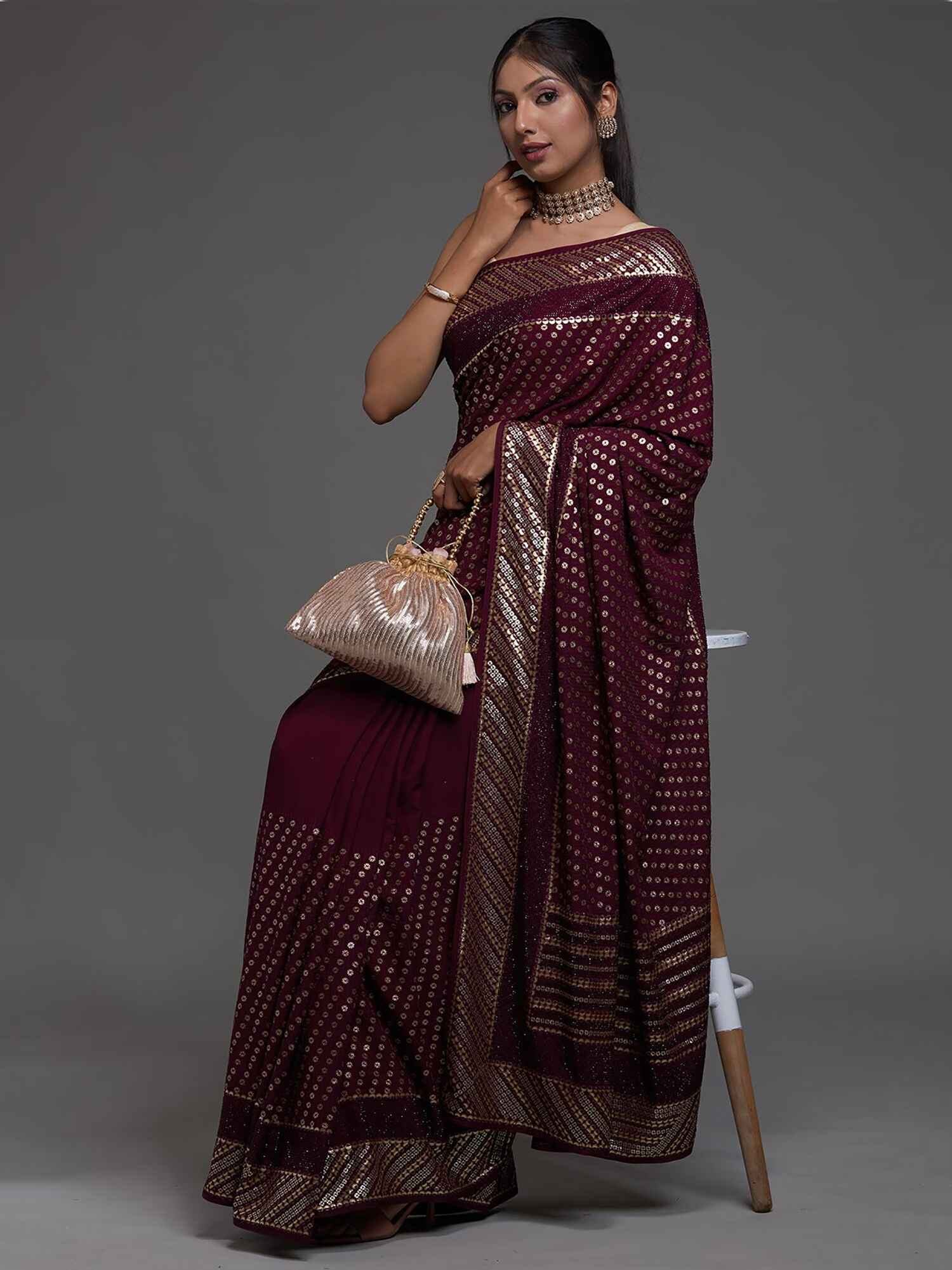 Adorable Maroon Sequins Georgette Cocktail Party Wear Saree - Zeel Clothing