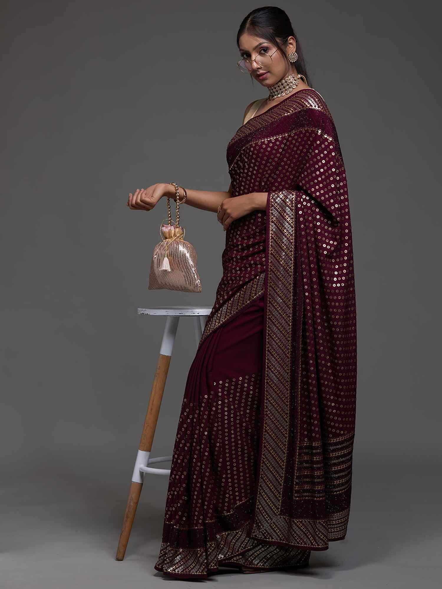 Adorable Maroon Sequins Georgette Cocktail Party Wear Saree - Zeel Clothing
