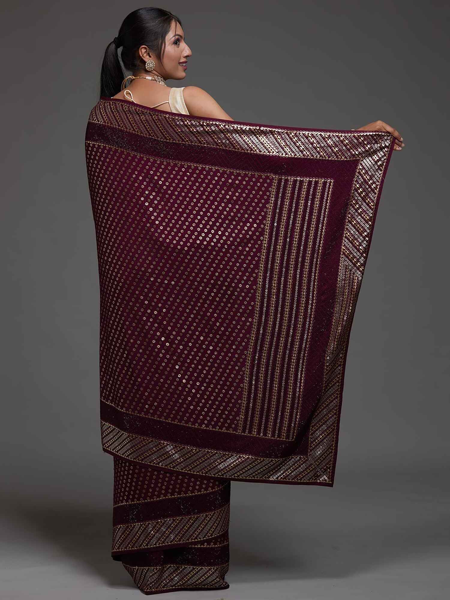 Adorable Maroon Sequins Georgette Cocktail Party Wear Saree - Zeel Clothing
