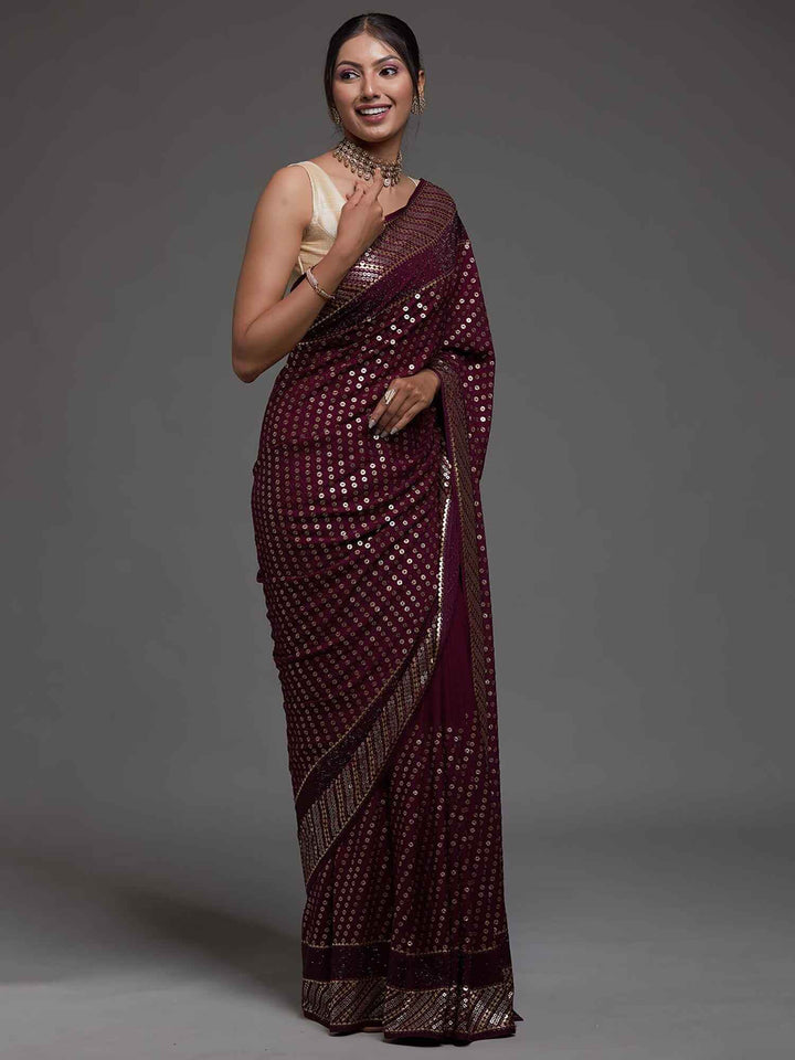 Adorable Maroon Sequins Georgette Cocktail Party Wear Saree - Zeel Clothing