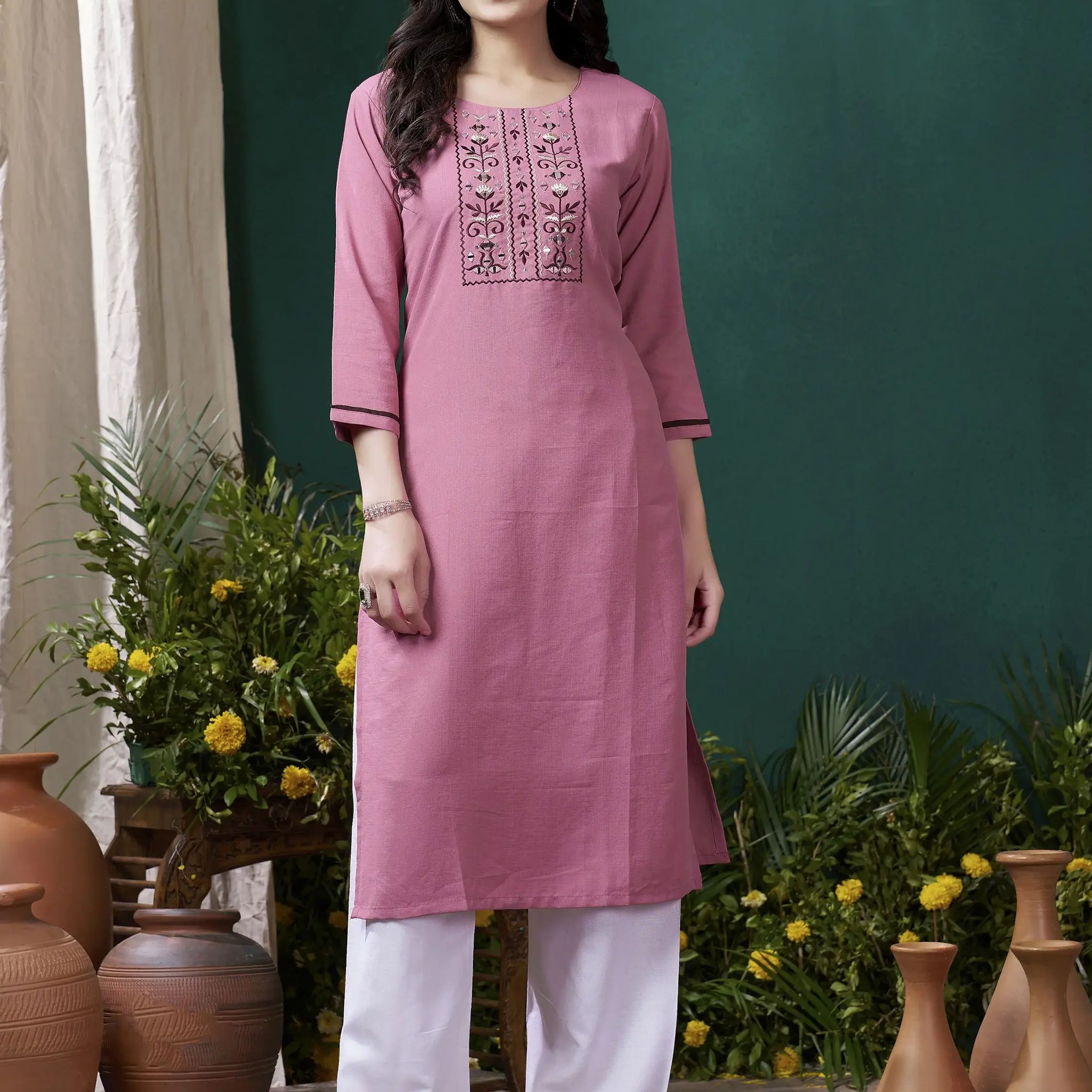 Adorable Mauve Embroidered Cotton Festival Wear Kurti With Pant - Zeel Clothing