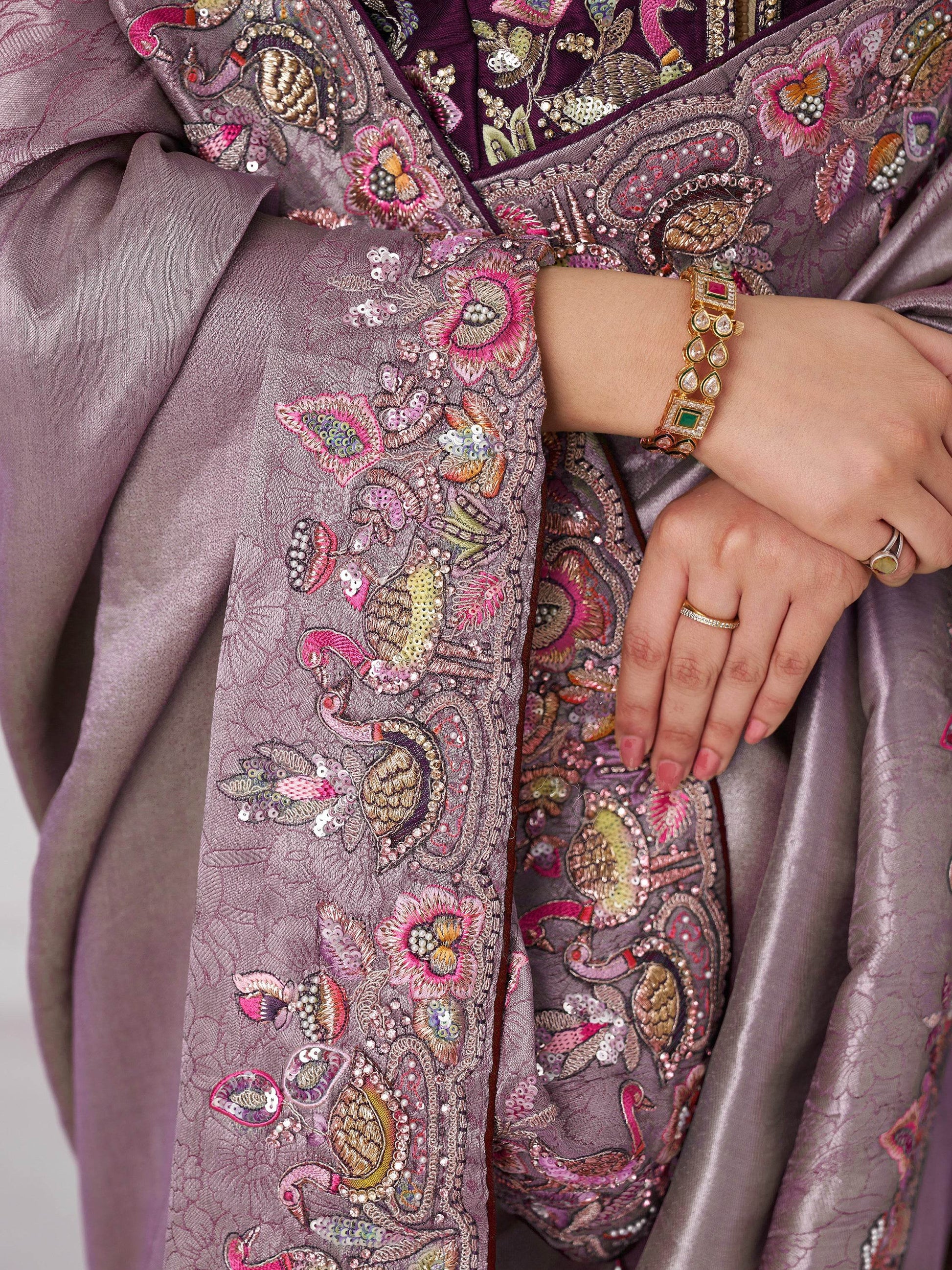 Adorable Mauve Thread Work Dola Silk Wedding Saree With Blouse - Zeel Clothing