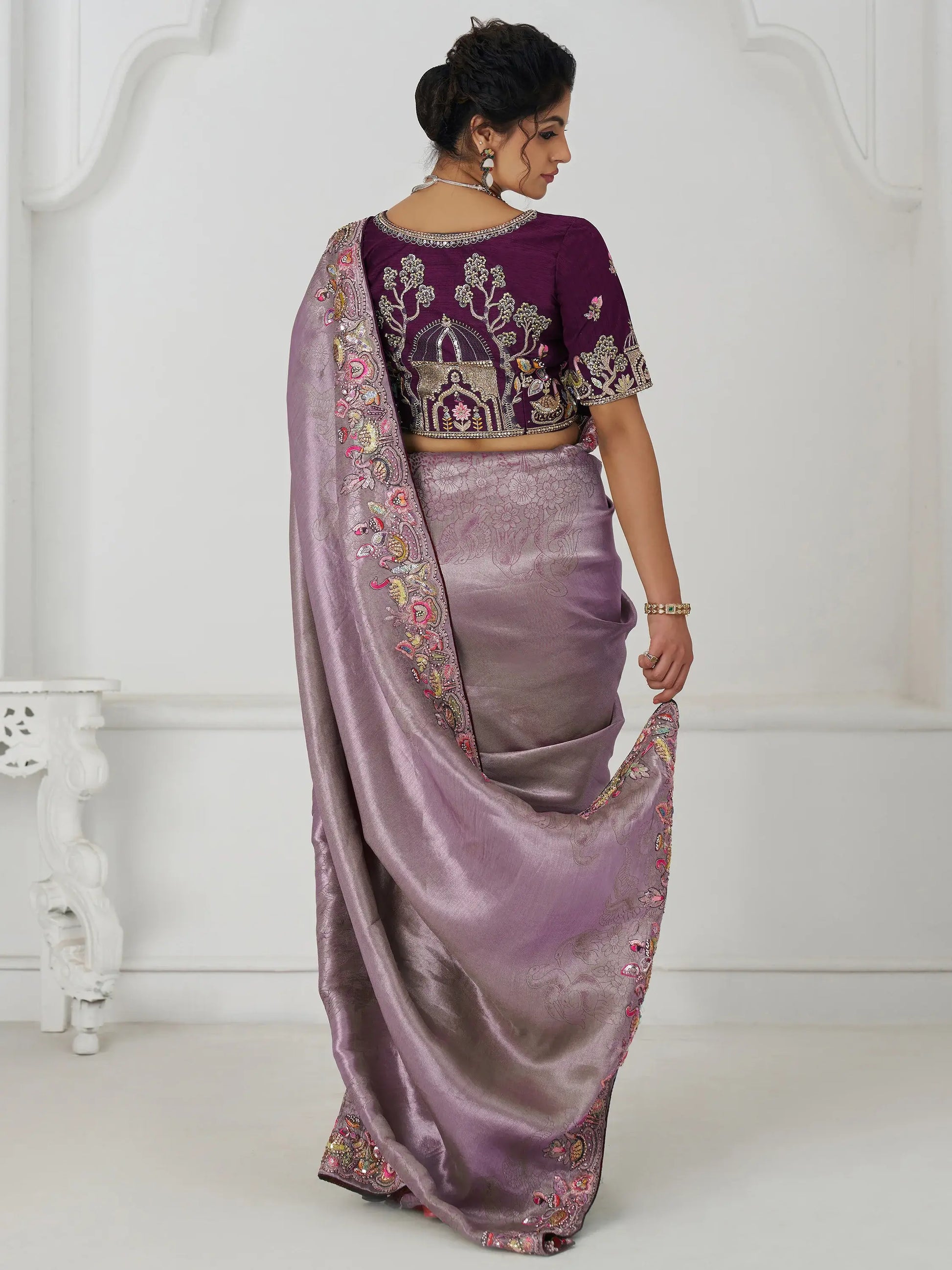Adorable Mauve Thread Work Dola Silk Wedding Saree With Blouse - Zeel Clothing
