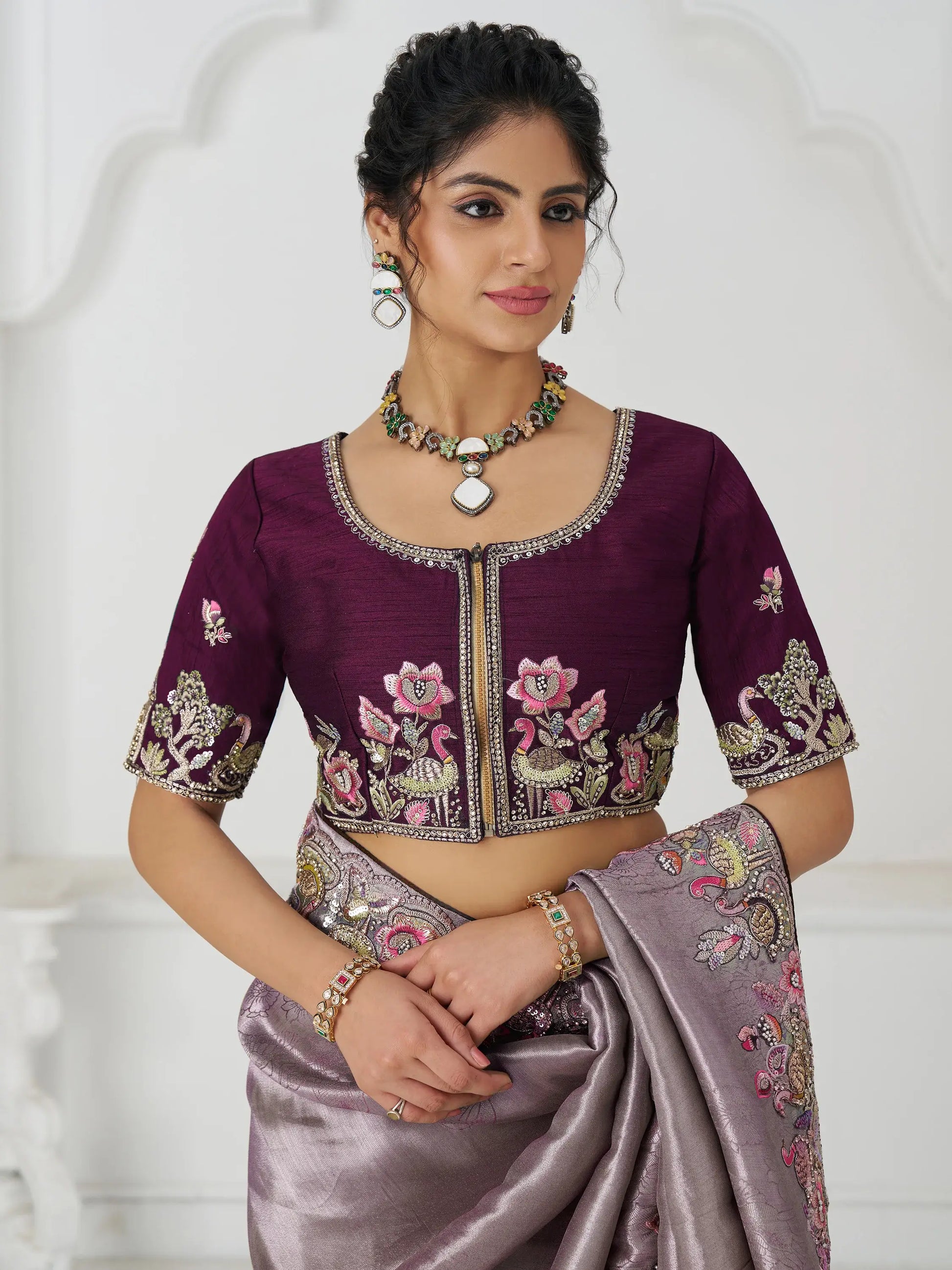 Adorable Mauve Thread Work Dola Silk Wedding Saree With Blouse - Zeel Clothing