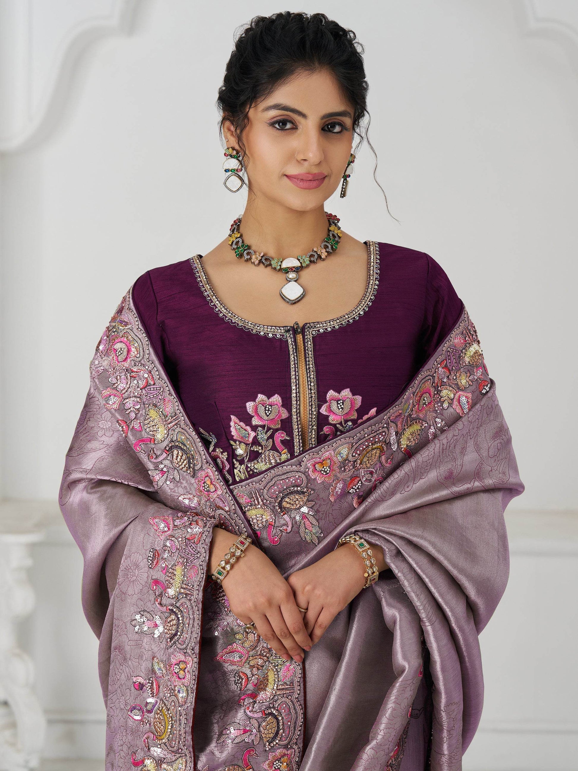 Adorable Mauve Thread Work Dola Silk Wedding Saree With Blouse - Zeel Clothing