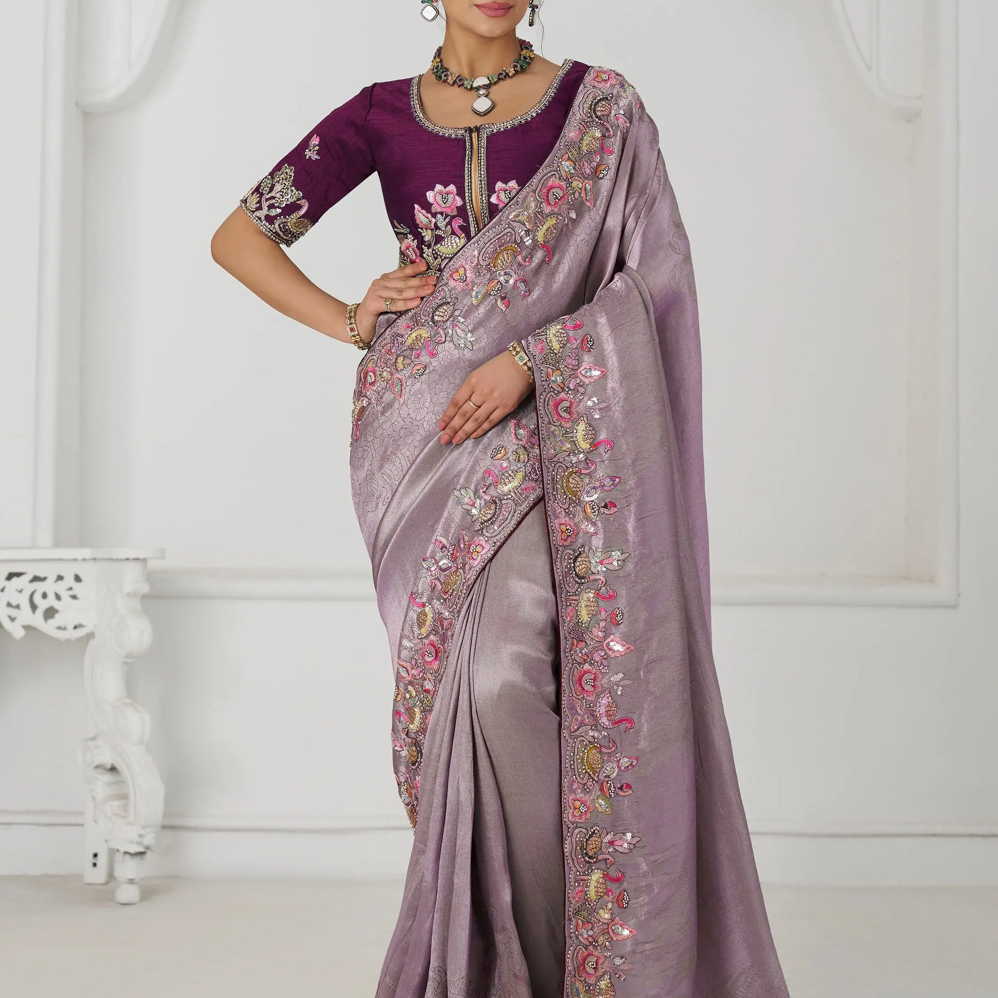 Adorable Mauve Thread Work Dola Silk Wedding Saree With Blouse - Zeel Clothing