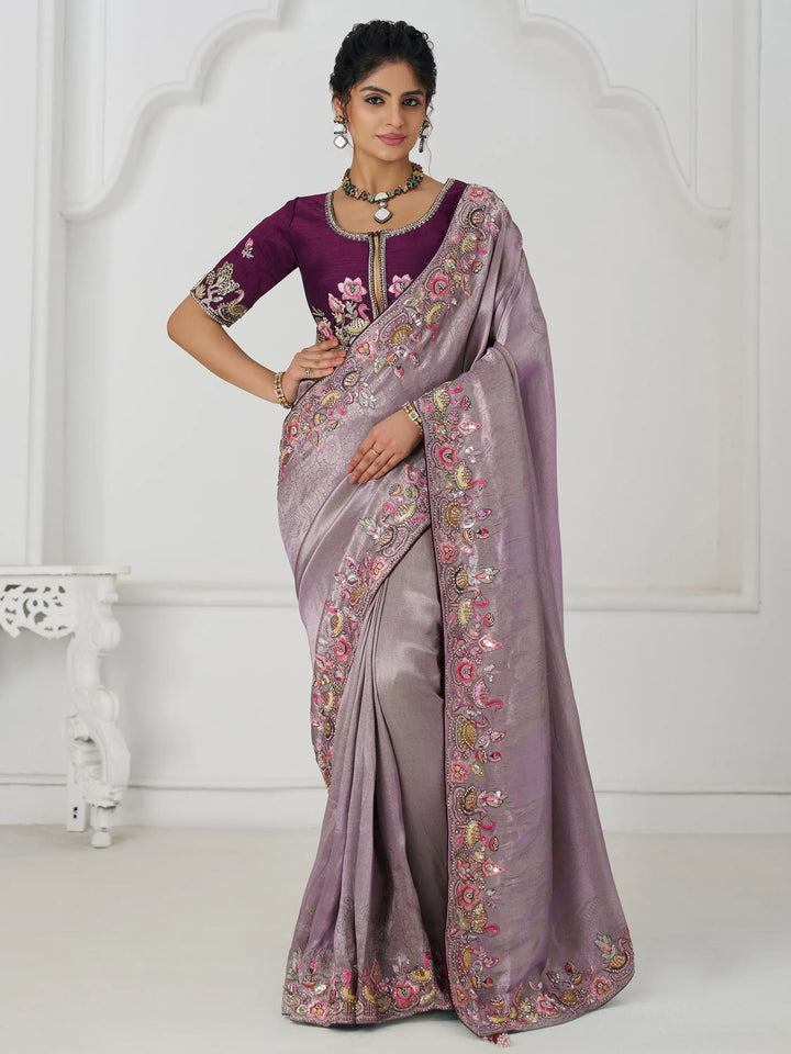 Adorable Mauve Thread Work Dola Silk Wedding Saree With Blouse - Zeel Clothing