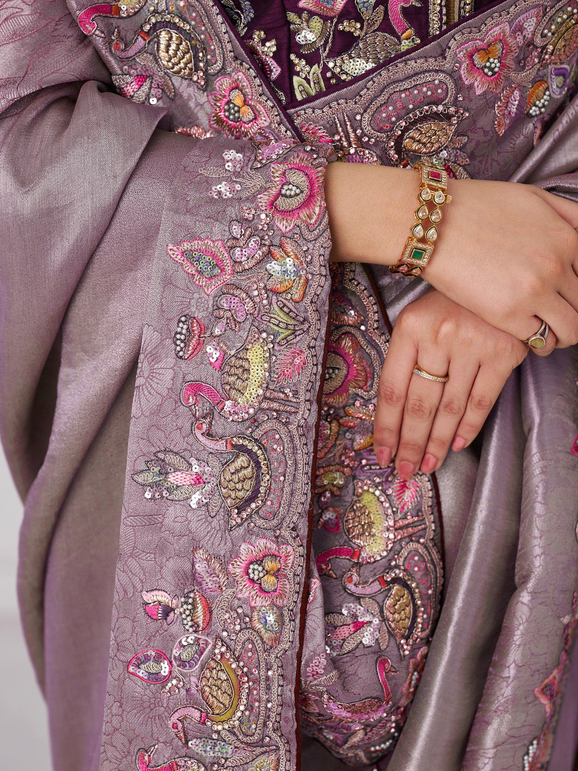 Adorable Mauve Thread Work Dola Silk Wedding Saree With Blouse - Zeel Clothing