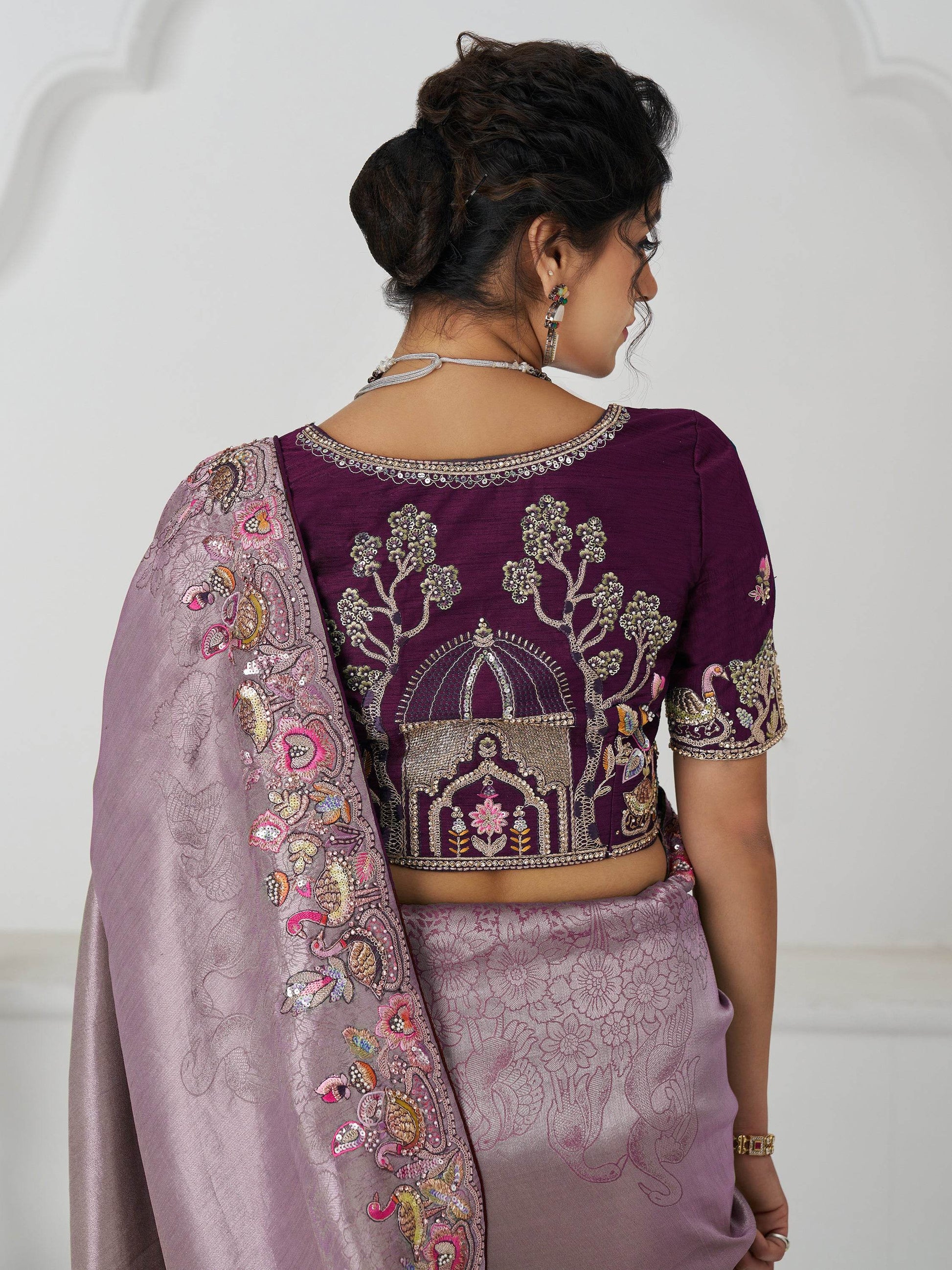 Adorable Mauve Thread Work Dola Silk Wedding Saree With Blouse - Zeel Clothing