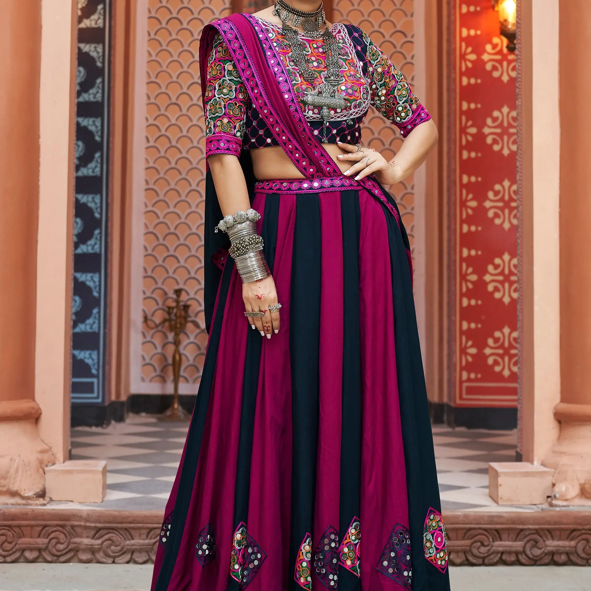 Adorable Multi-Color Mirror Work Rayon Navratri Lehenga Choli - Zeel Clothing