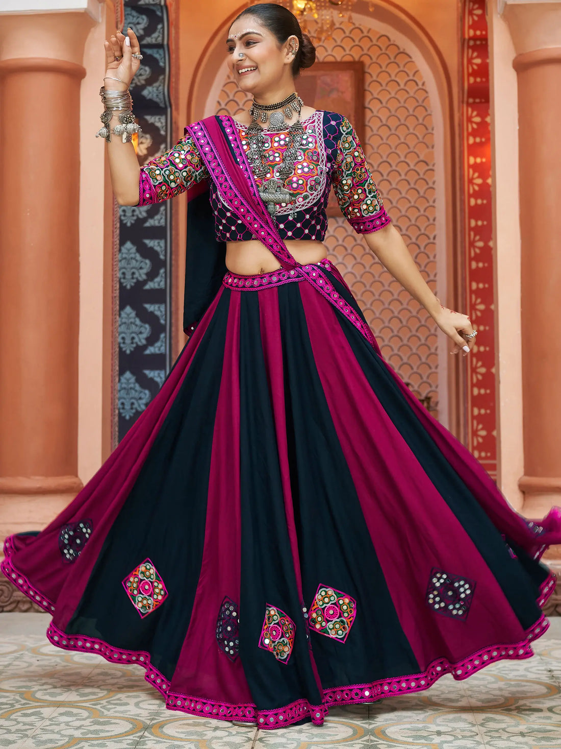 Adorable Multi-Color Mirror Work Rayon Navratri Lehenga Choli - Zeel Clothing