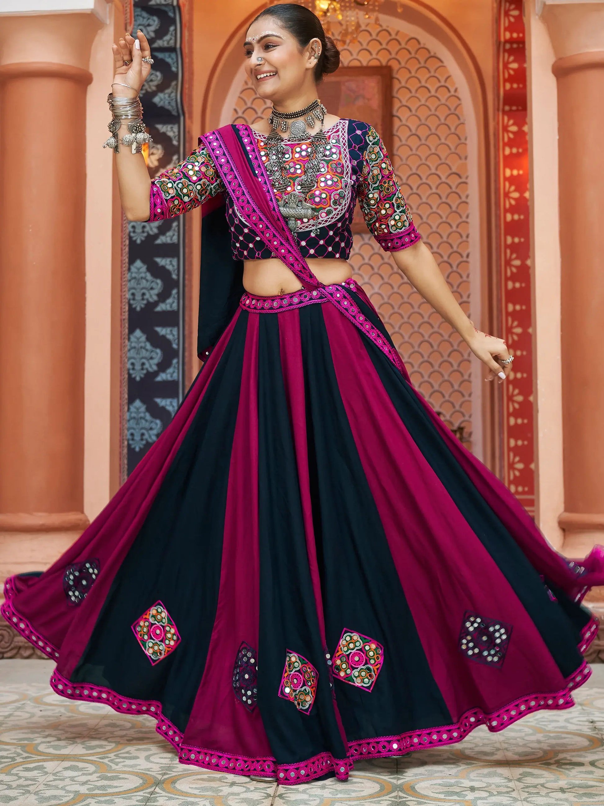 Adorable Multi-Color Mirror Work Rayon Navratri Lehenga Choli - Zeel Clothing