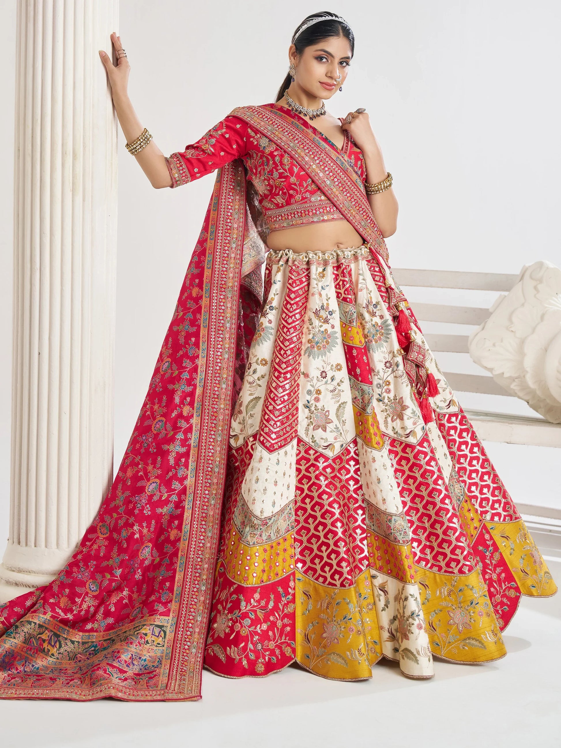 Adorable Multi-Color Thread Work Banarasi Silk Wedding Lehenga Choli - Zeel Clothing