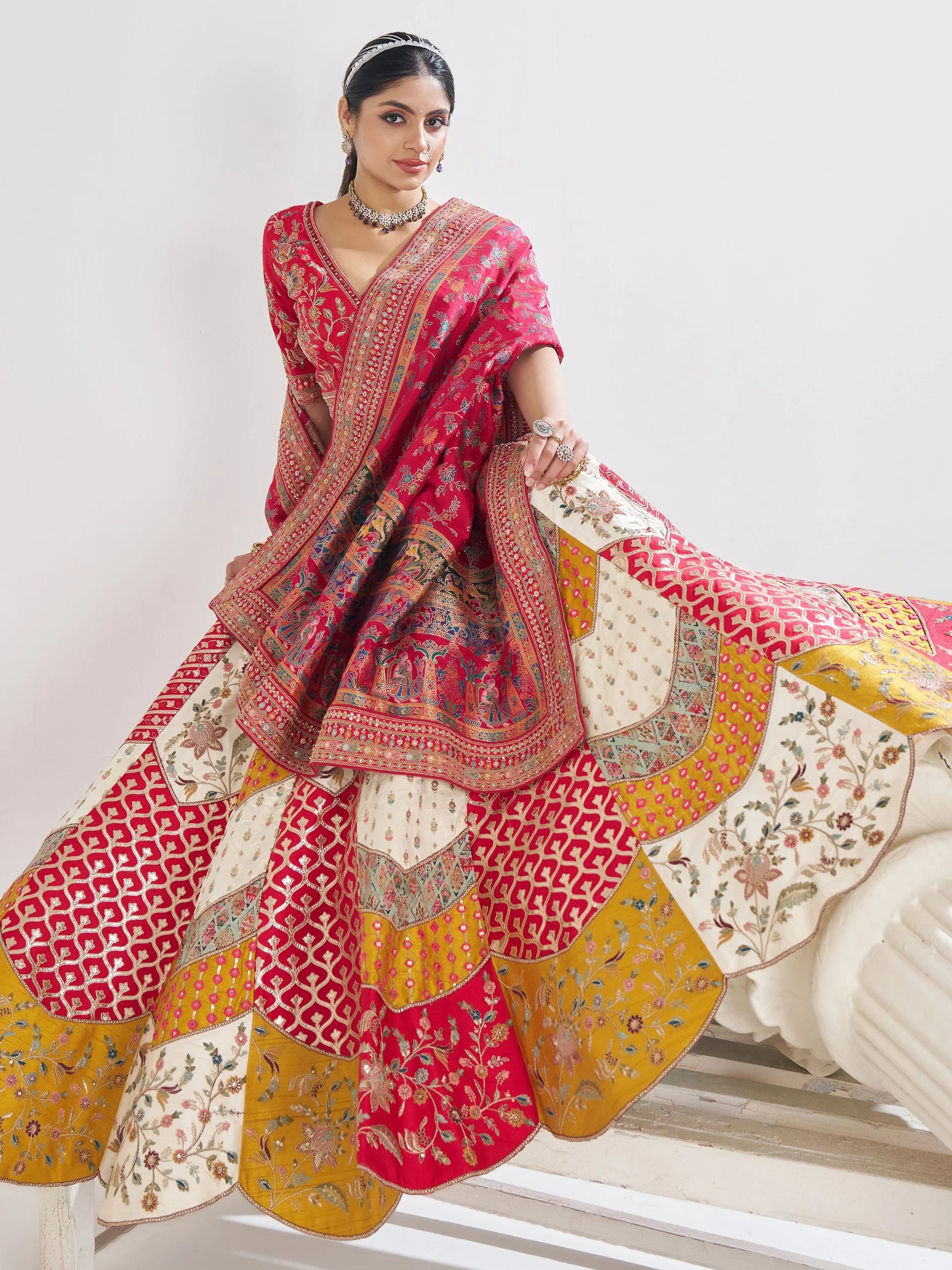 Adorable Multi-Color Thread Work Banarasi Silk Wedding Lehenga Choli - Zeel Clothing