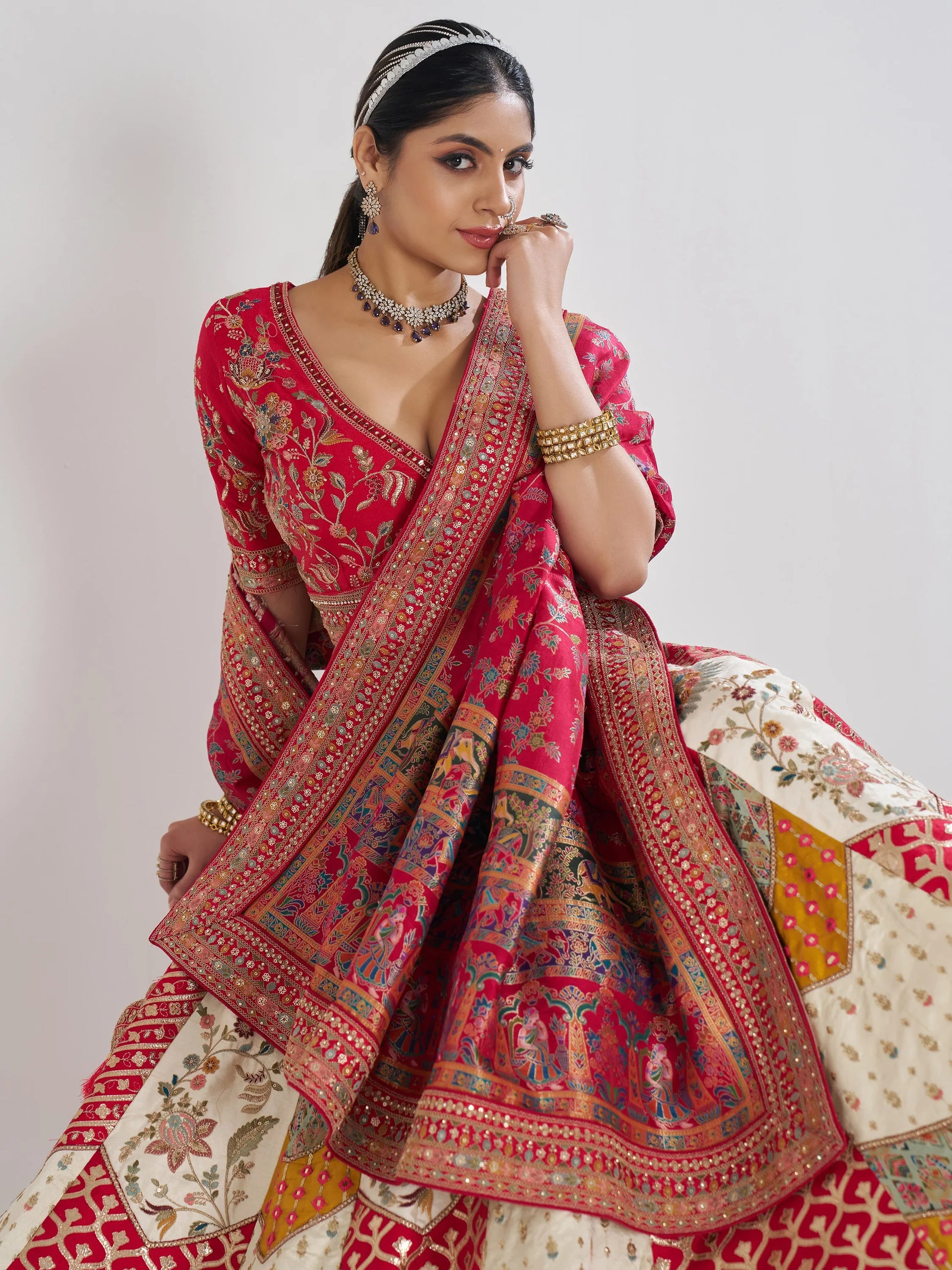 Adorable Multi-Color Thread Work Banarasi Silk Wedding Lehenga Choli - Zeel Clothing