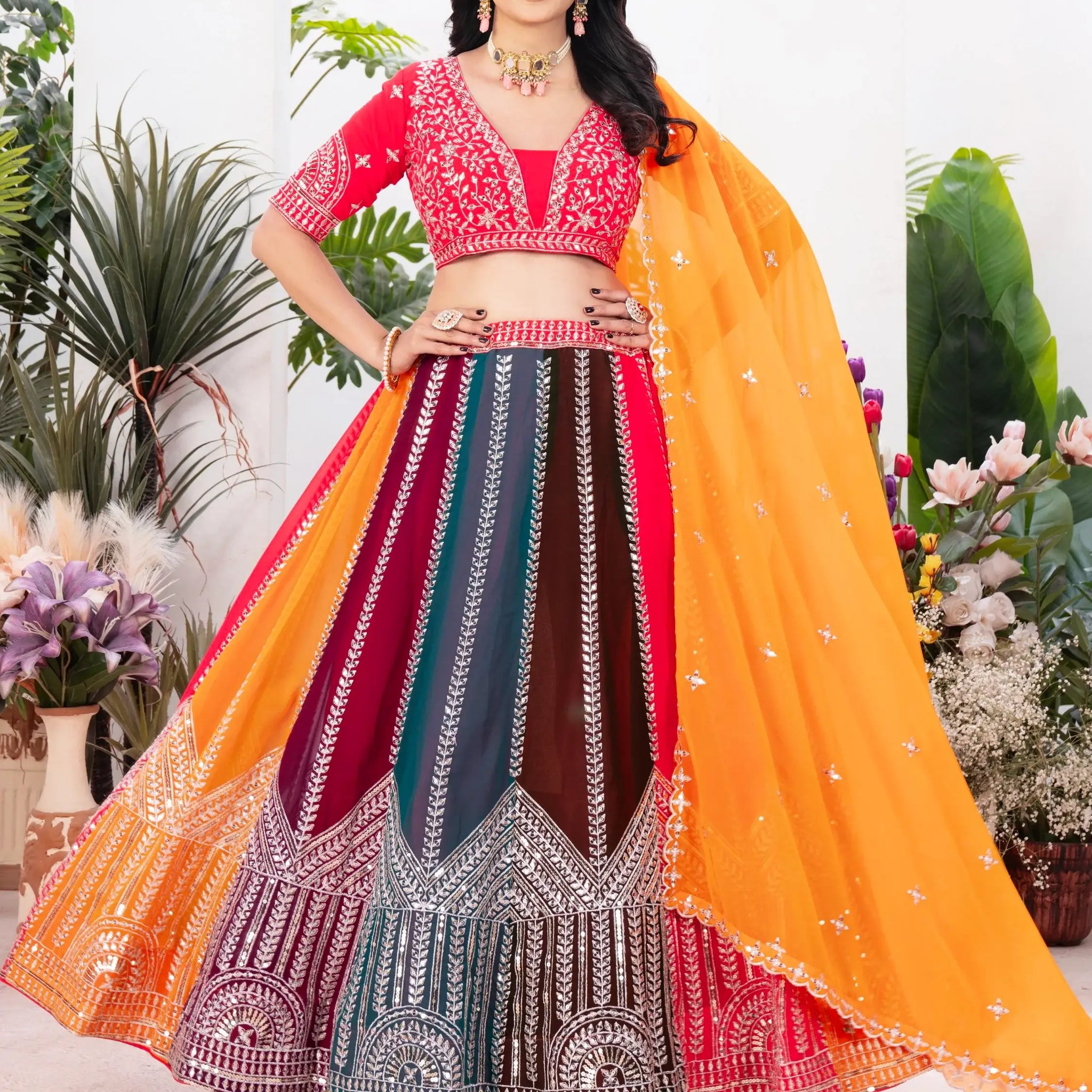 Adorable Multicolor Sequins Georgette Wedding Lehenga Choli With Dupatta - Zeel Clothing