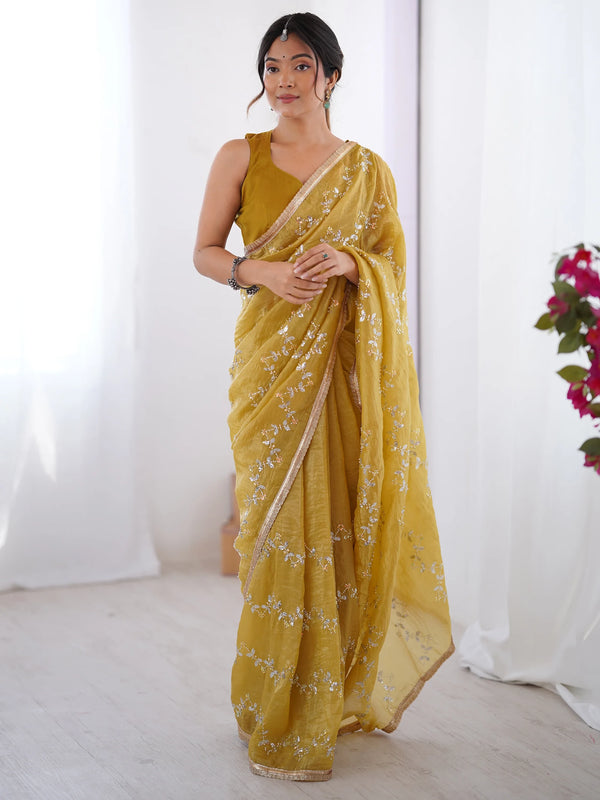 Adorable Mustard Yellow Beads Work Organza Saree With Blouse - Zeel Clothing