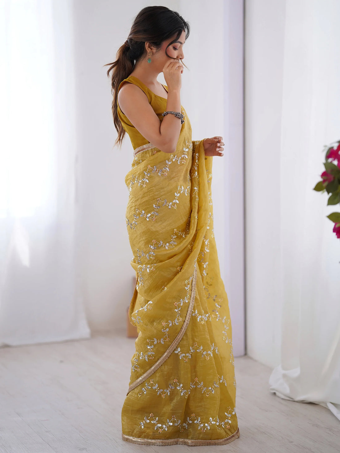 Adorable Mustard Yellow Beads Work Organza Saree With Blouse - Zeel Clothing