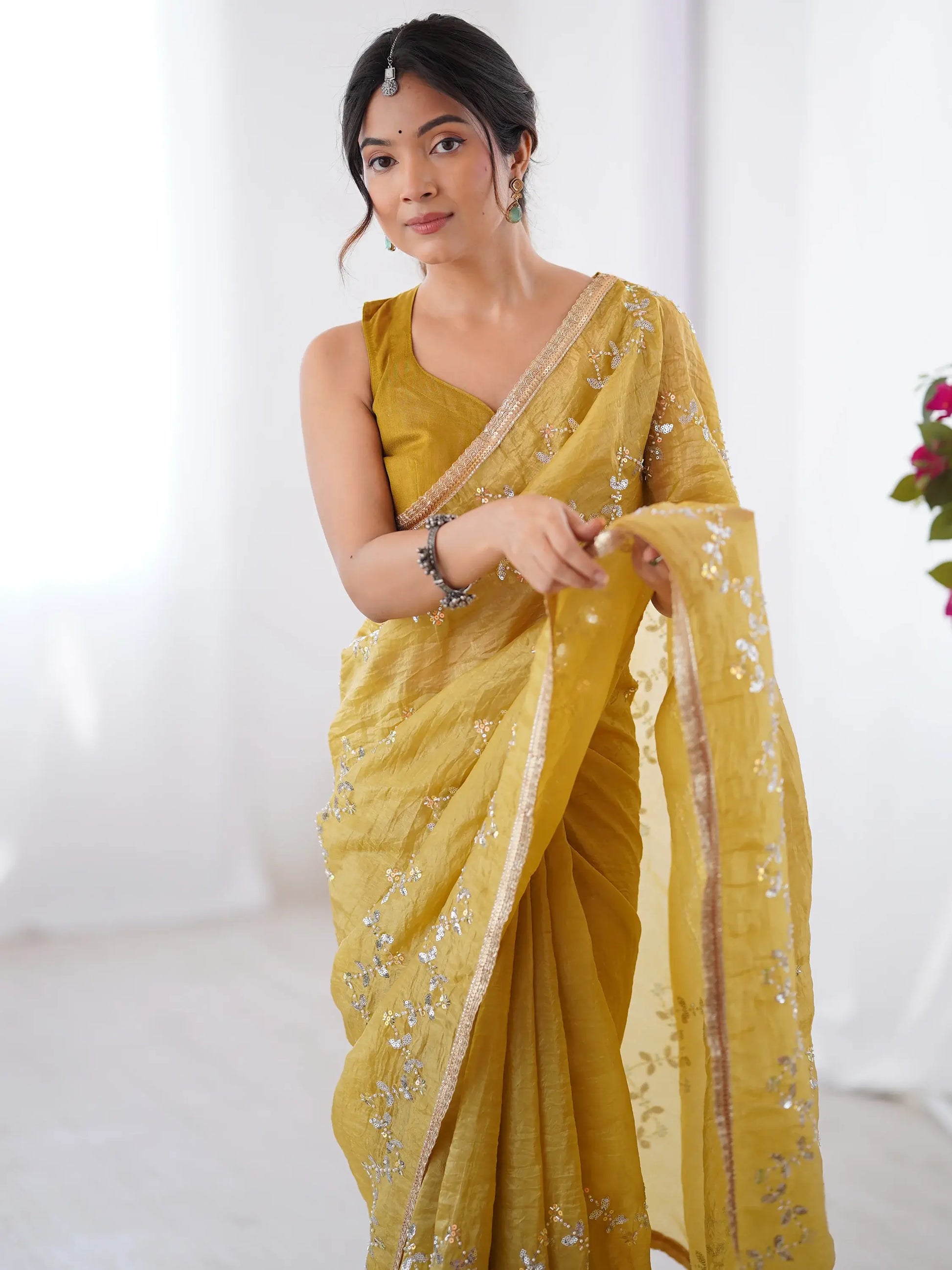 Adorable Mustard Yellow Beads Work Organza Saree With Blouse - Zeel Clothing