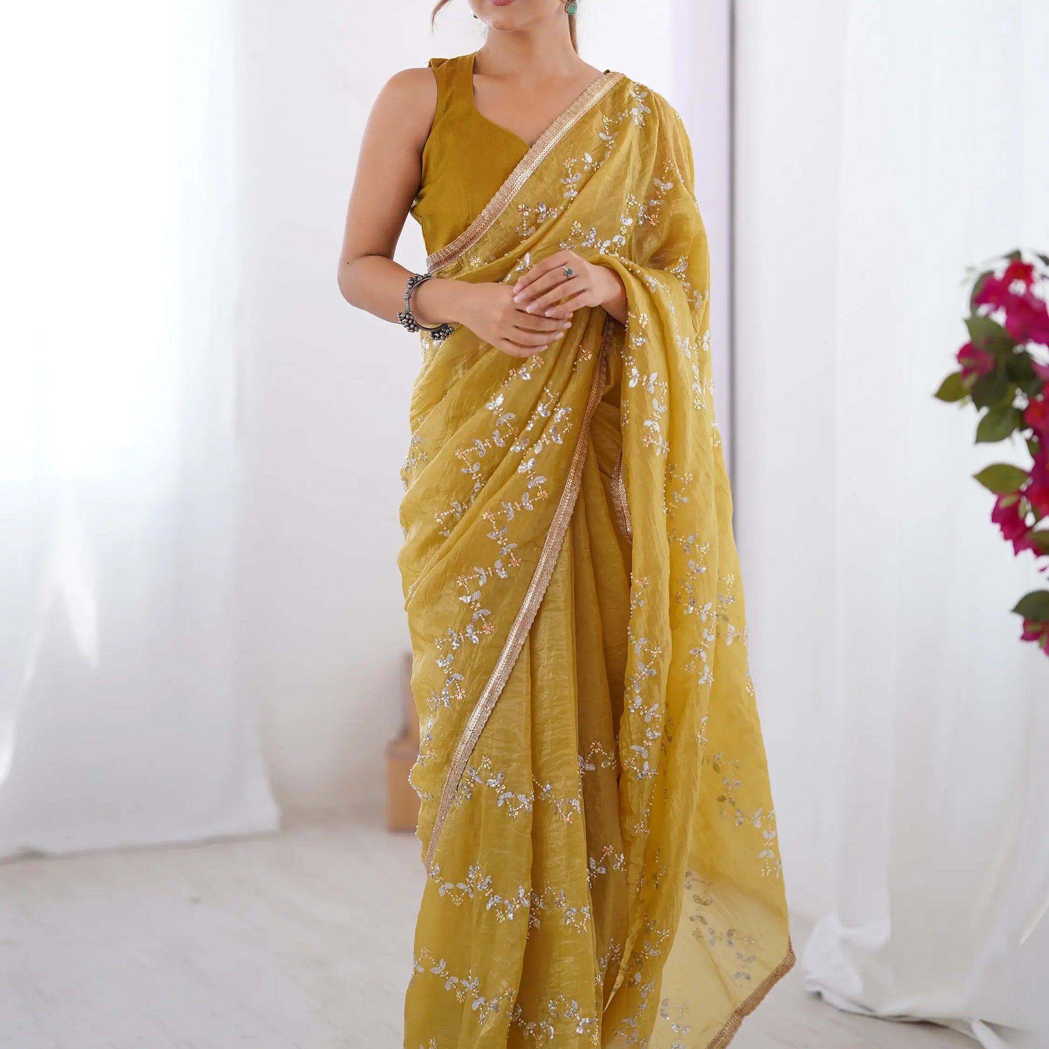 Adorable Mustard Yellow Beads Work Organza Saree With Blouse - Zeel Clothing