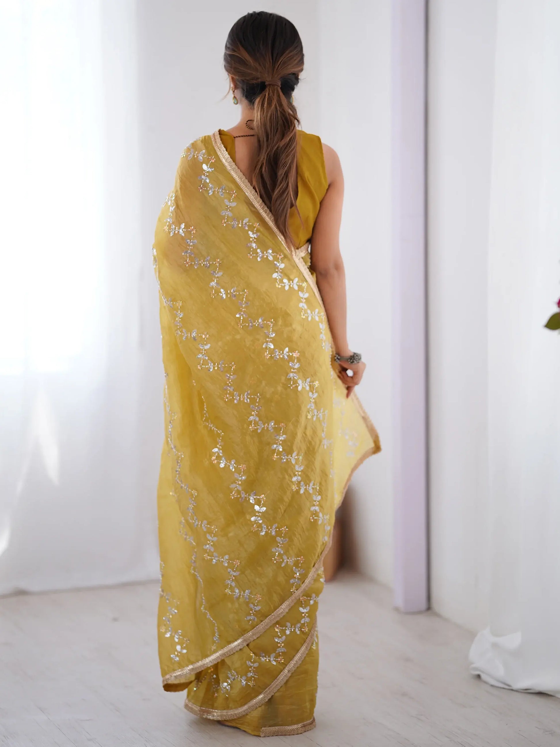 Adorable Mustard Yellow Beads Work Organza Saree With Blouse - Zeel Clothing
