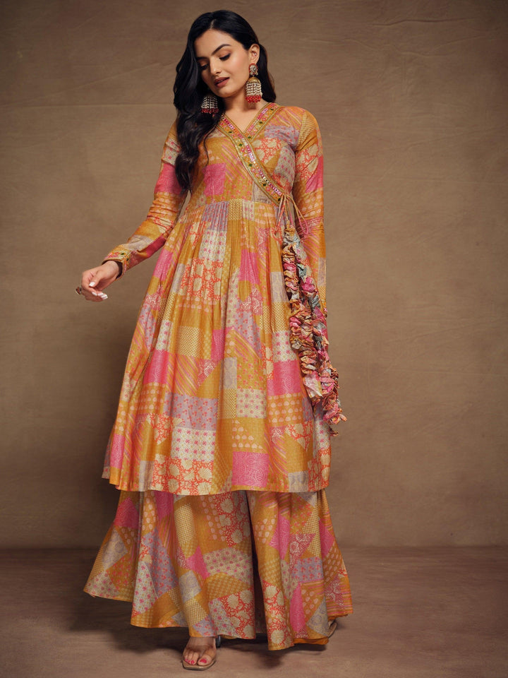 Adorable Mustard Yellow Digital Printed Muslin Silk Palazzo Suit