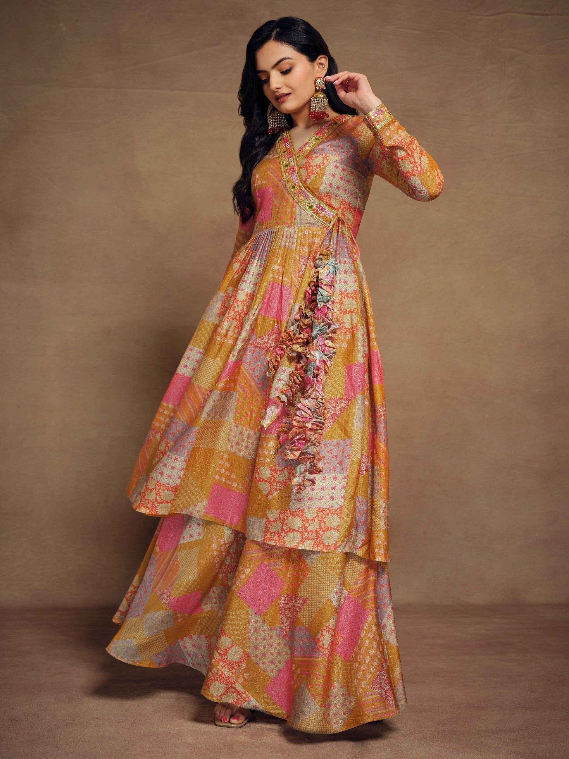 Adorable Mustard Yellow Digital Printed Muslin Silk Palazzo Suit - Zeel Clothing
