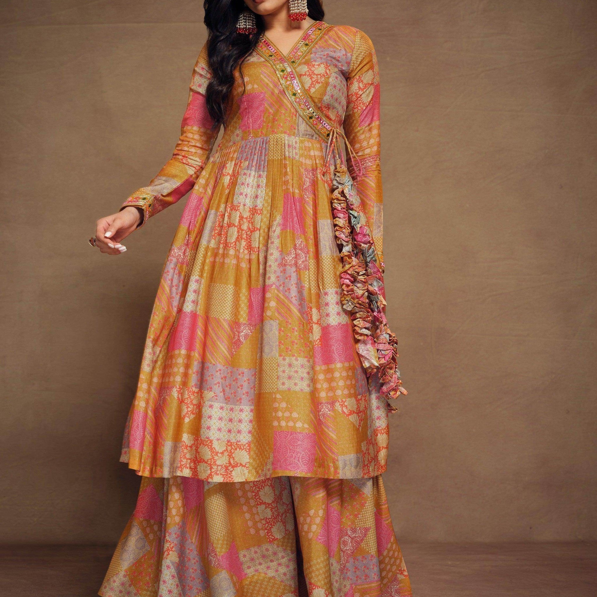 Adorable Mustard Yellow Digital Printed Muslin Silk Palazzo Suit - Zeel Clothing