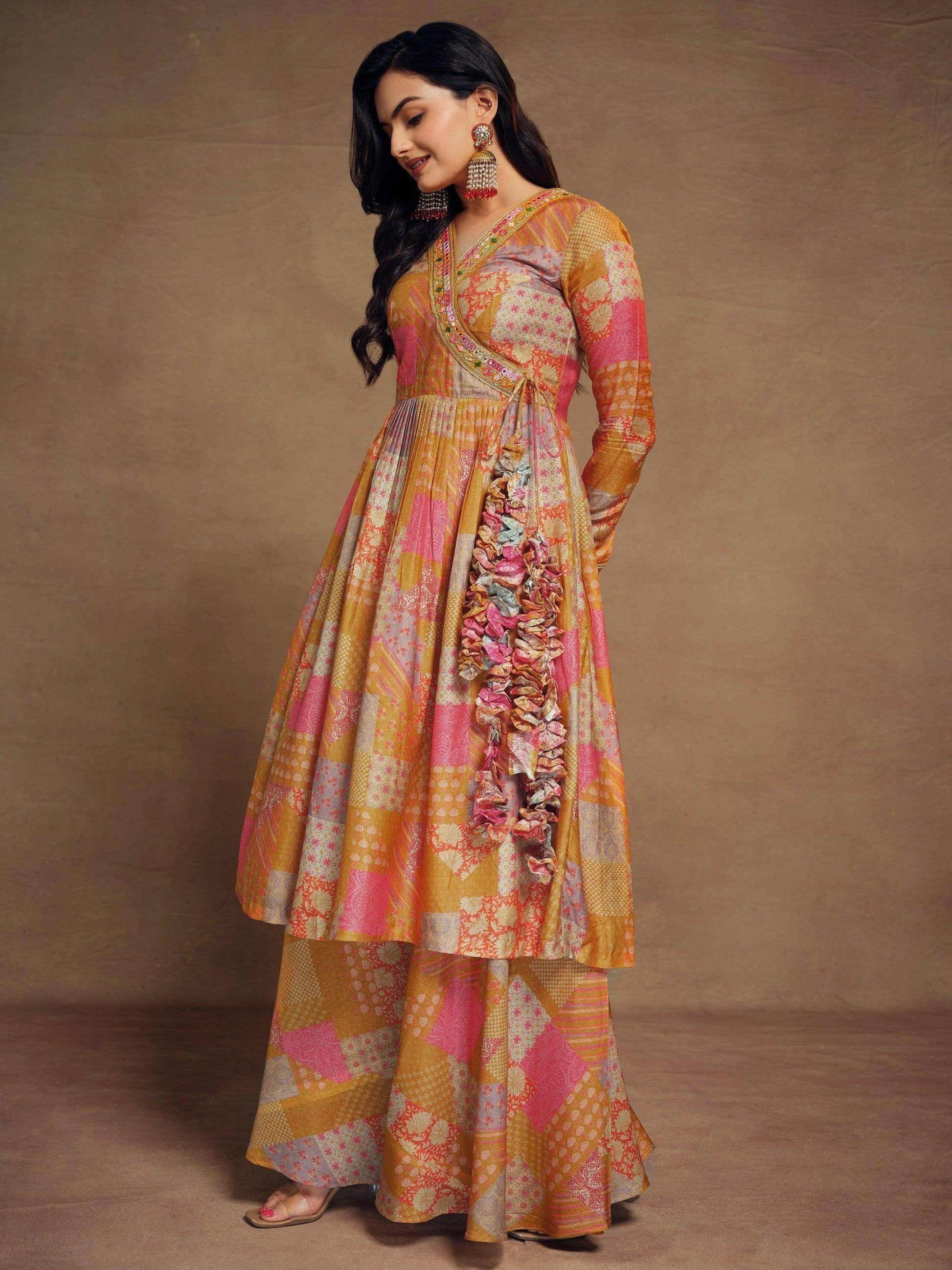 Adorable Mustard Yellow Digital Printed Muslin Silk Palazzo Suit - Zeel Clothing