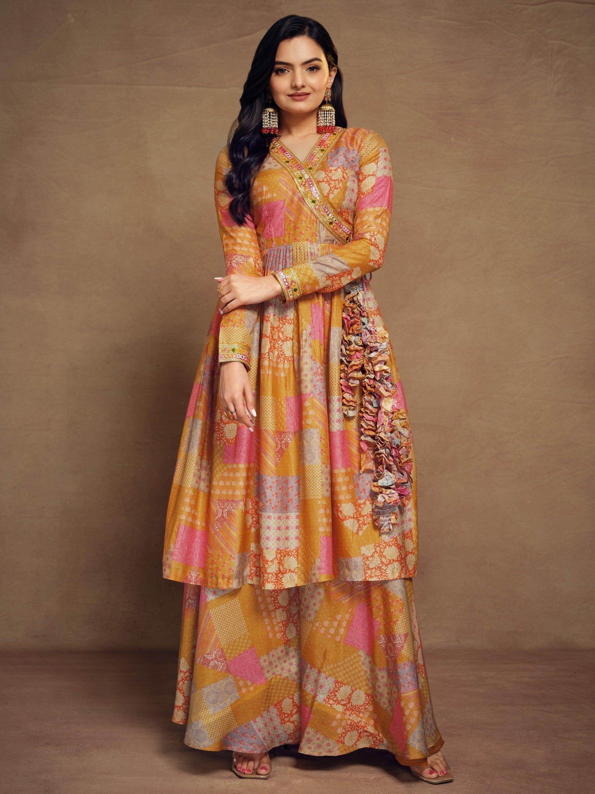 Adorable Mustard Yellow Digital Printed Muslin Silk Palazzo Suit - Zeel Clothing