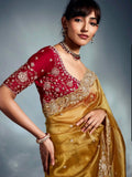 Adorable Mustard Yellow Embroidered Organza Haldi Wear Saree With Blouse - Zeel Clothing