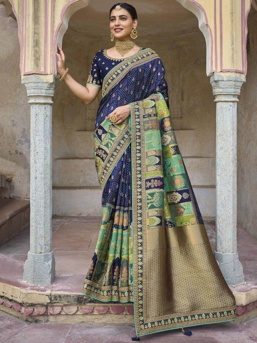 Adorable Navy Blue Embroidered Work Pure Dola Silk Traditional Saree - Zeel Clothing