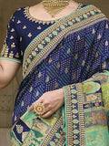 Navy blue saree with gold and green embroidery, traditional Indian women's fashion