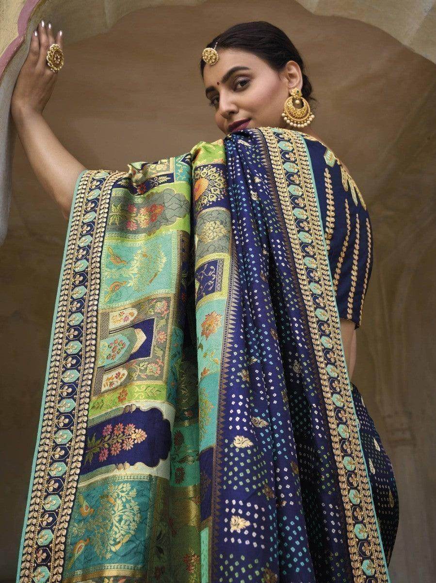 Adorable Navy Blue Embroidered Work Pure Dola Silk Traditional Saree - Zeel Clothing
