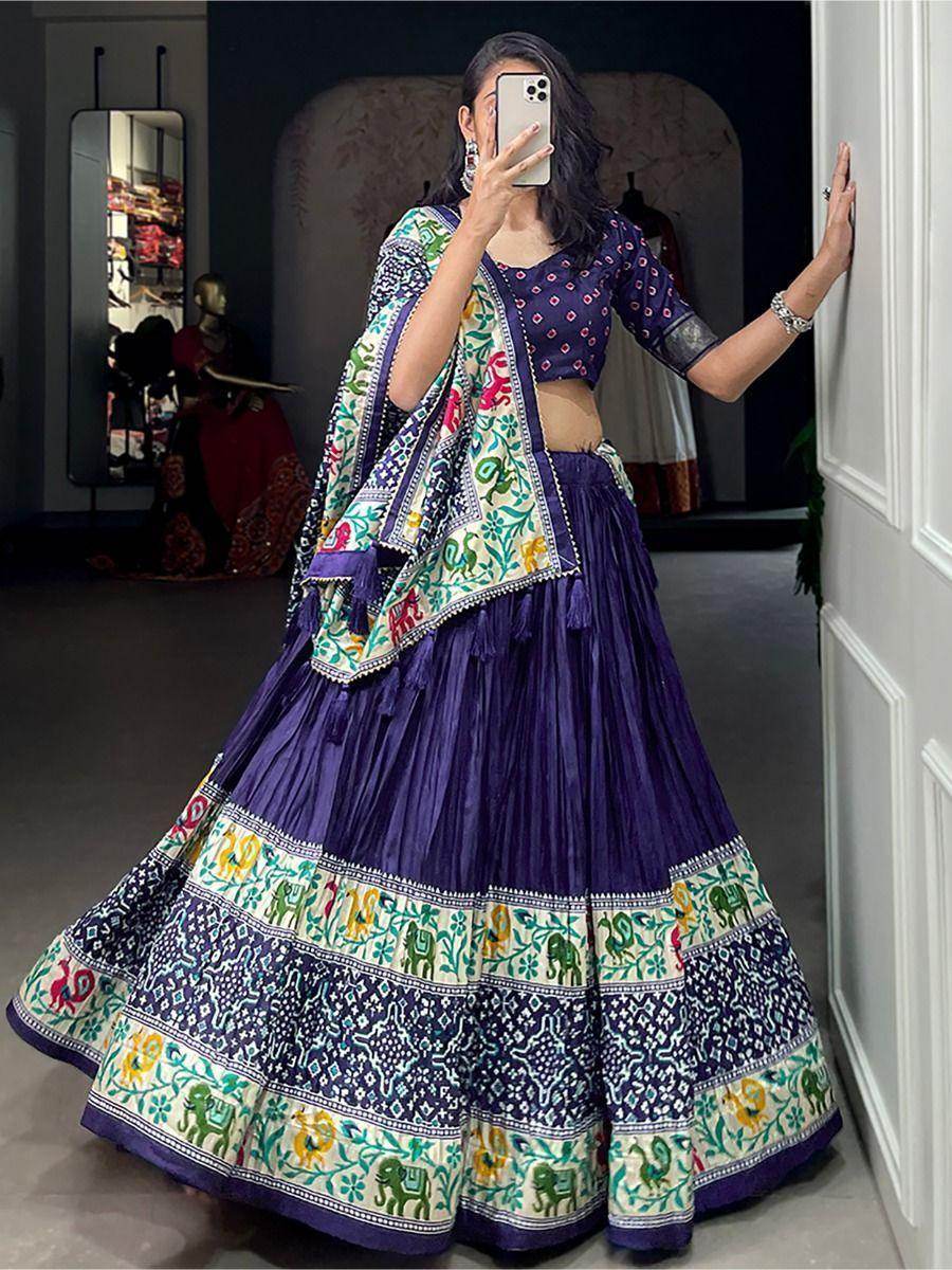 Adorable Navy Blue Patola Print Dola Silk Traditional Lehenga Choli - Zeel Clothing