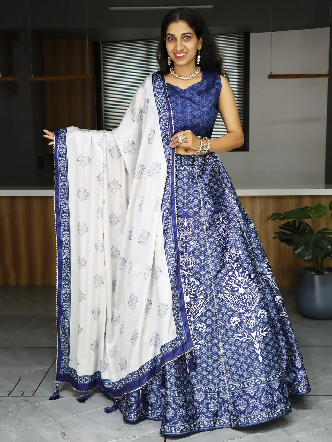 Adorable Navy Blue Printed Art Silk Event Wear Lehenga Choli - Zeel Clothing