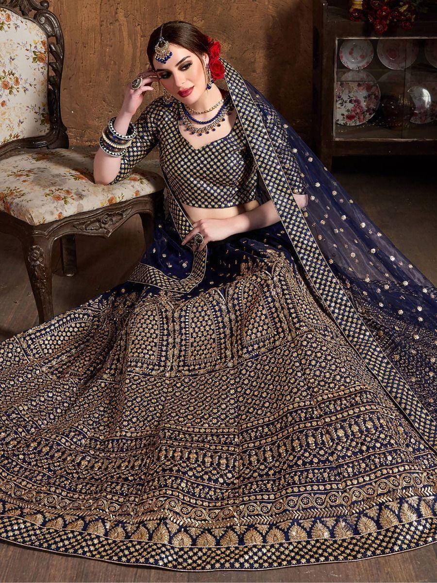 Adorable Navy Blue Sequins Raw Silk Lehenga Choli With Dupatta